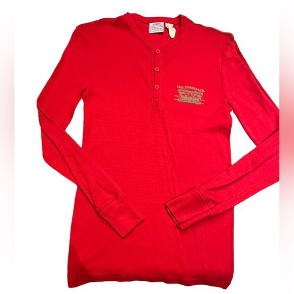 Vintage Levi’s Red Henley Long Sleeve Shirt Youth Large 16/18 Made in USA - Picture 1 of 8